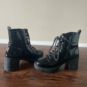 Forever 21 Women's Faux Patent Leather Combat Booties in Black
